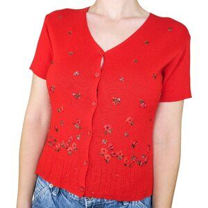 Vintage 90s Red Rose Embroidered Beaded Cardigan